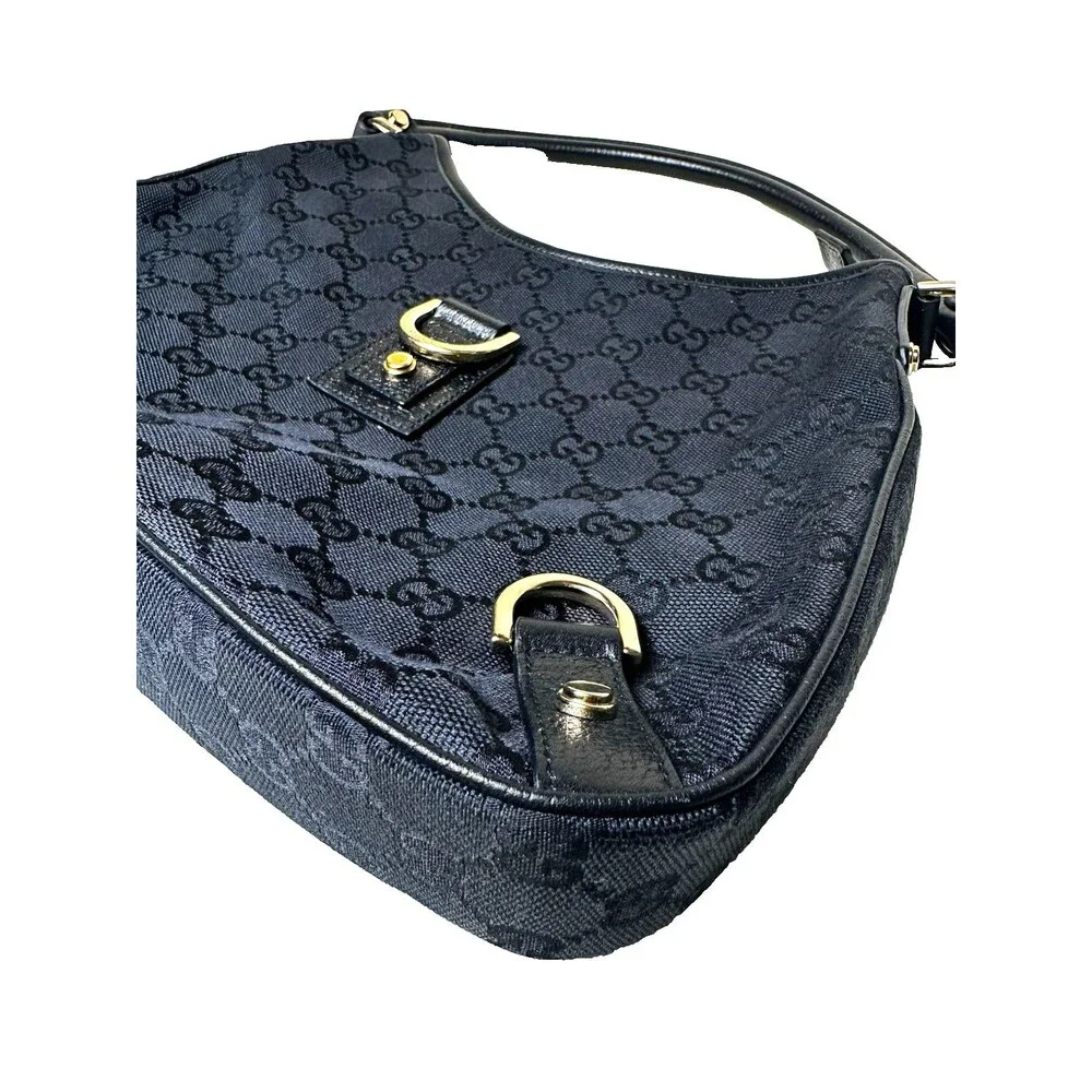 Gucci Vintage Abbey Hobo Bag Black GG Canvas Leather Trim D-Ring